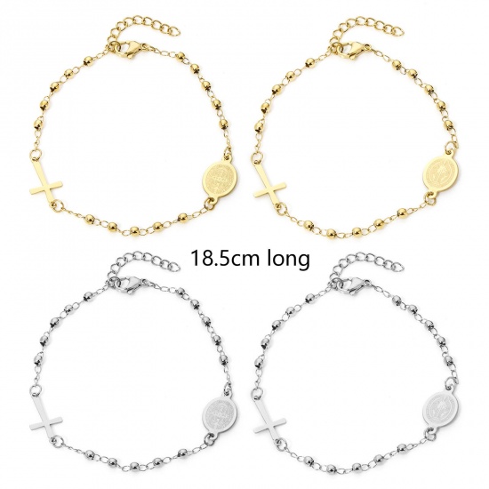 Picture of 304 Stainless Steel Religious Curb Link Chain Bracelets Cross Virgin Mary 18.5cm(7 2/8") long