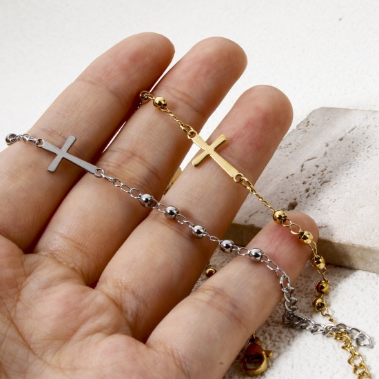 Picture of 304 Stainless Steel Religious Curb Link Chain Bracelets Cross Virgin Mary 18.5cm(7 2/8") long