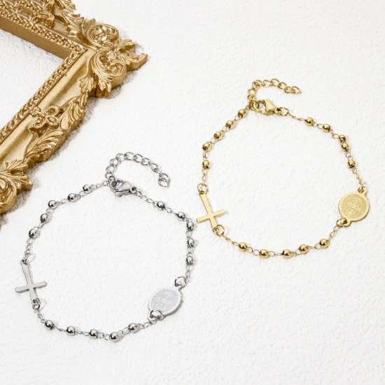Picture of 304 Stainless Steel Religious Curb Link Chain Bracelets Cross Virgin Mary 18.5cm(7 2/8") long