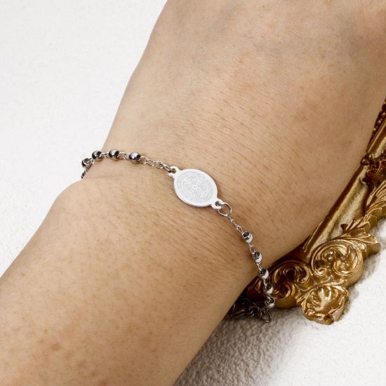 Picture of 304 Stainless Steel Religious Curb Link Chain Bracelets Cross Virgin Mary 18.5cm(7 2/8") long