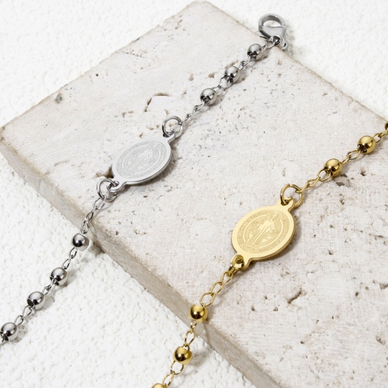 Picture of 304 Stainless Steel Religious Curb Link Chain Bracelets Cross Virgin Mary 18.5cm(7 2/8") long