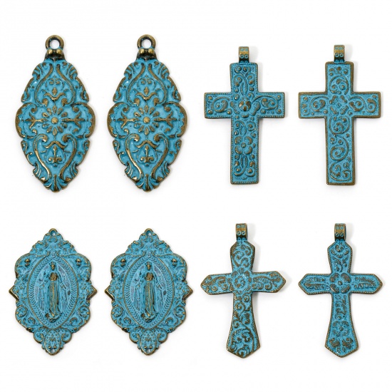 Picture of Zinc Based Alloy Religious Pendants Antique Bronze Blue Carved Pattern Patina