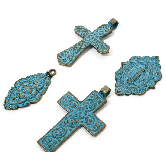 Picture of Zinc Based Alloy Religious Pendants Antique Bronze Blue Carved Pattern Patina