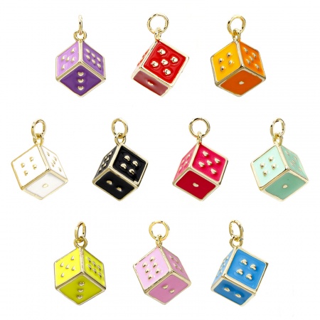 Eco-friendly Brass Charms 18K Real Gold Plated Multicolor Dice Enamel 3D 20mm x 12mm