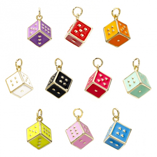 Picture of Eco-friendly Brass Charms 18K Real Gold Plated Multicolor Dice Enamel 3D 20mm x 12mm