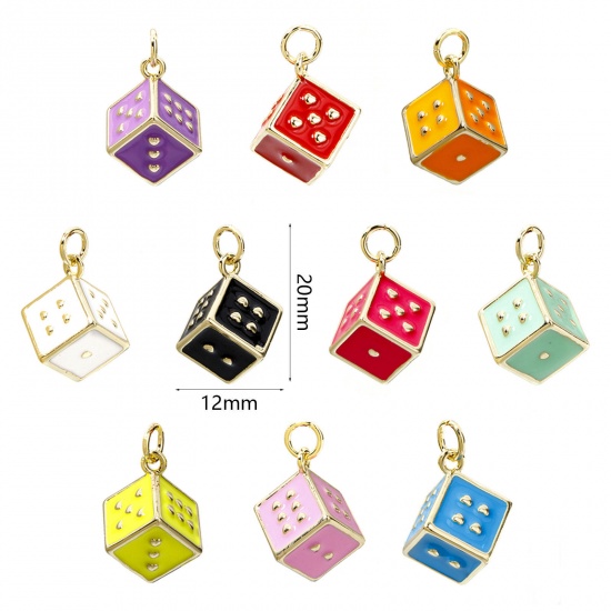 Picture of Eco-friendly Brass Charms 18K Real Gold Plated Multicolor Dice Enamel 3D 20mm x 12mm