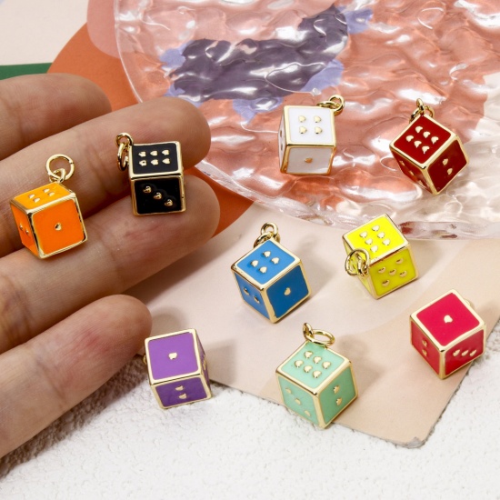 Picture of Eco-friendly Brass Charms 18K Real Gold Plated Multicolor Dice Enamel 3D 20mm x 12mm