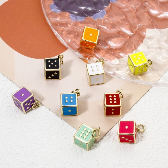 Picture of Eco-friendly Brass Charms 18K Real Gold Plated Multicolor Dice Enamel 3D 20mm x 12mm