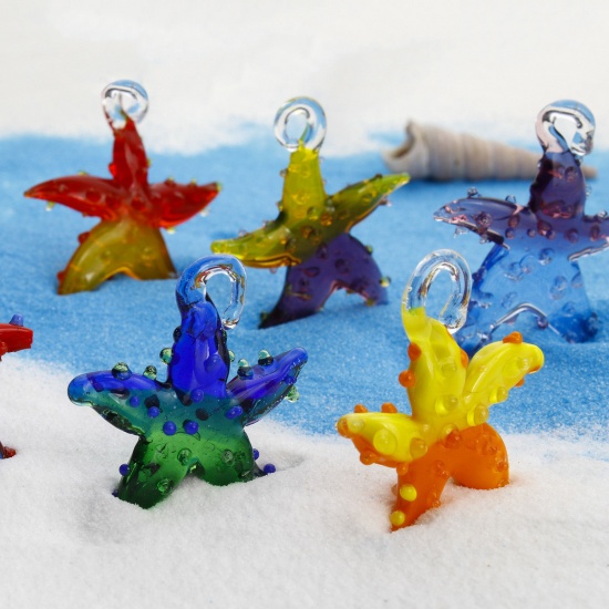 Picture of Lampwork Glass Ocean Jewelry Pendants Multicolor Two Tone Star Fish 3D 3.5cm x 3.2cm