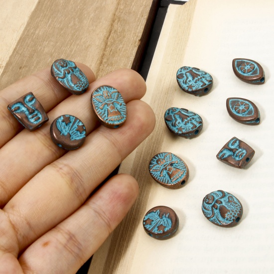 Picture of Zinc Based Alloy Patina Spacer Beads For DIY Jewelry Making Antique Copper Blue Face Fairy