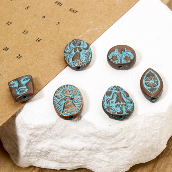 Picture of Zinc Based Alloy Patina Spacer Beads For DIY Jewelry Making Antique Copper Blue Face Fairy