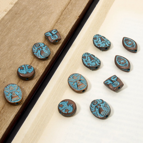 Picture of Zinc Based Alloy Patina Spacer Beads For DIY Jewelry Making Antique Copper Blue Face Fairy