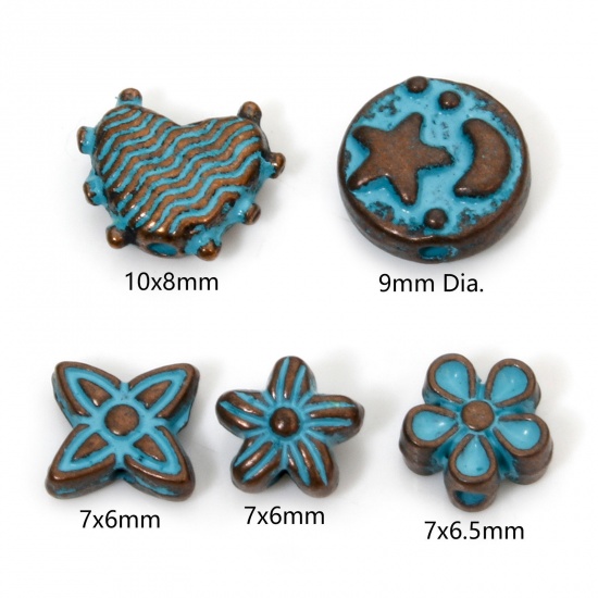 Picture of Zinc Based Alloy Patina Spacer Beads For DIY Jewelry Making Antique Copper Blue Half Moon Star