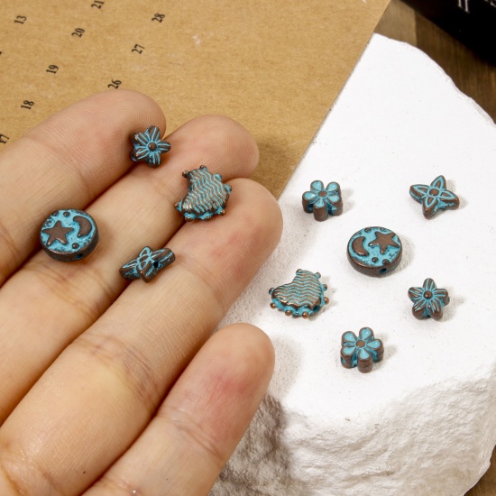 Picture of Zinc Based Alloy Patina Spacer Beads For DIY Jewelry Making Antique Copper Blue Half Moon Star