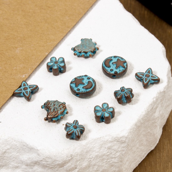 Picture of Zinc Based Alloy Patina Spacer Beads For DIY Jewelry Making Antique Copper Blue Half Moon Star