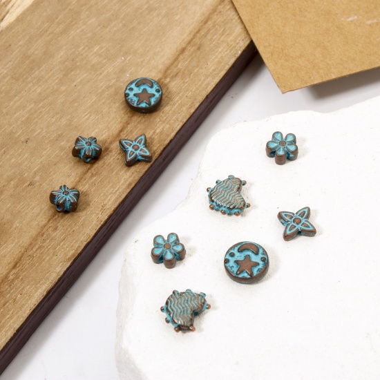 Picture of Zinc Based Alloy Patina Spacer Beads For DIY Jewelry Making Antique Copper Blue Half Moon Star