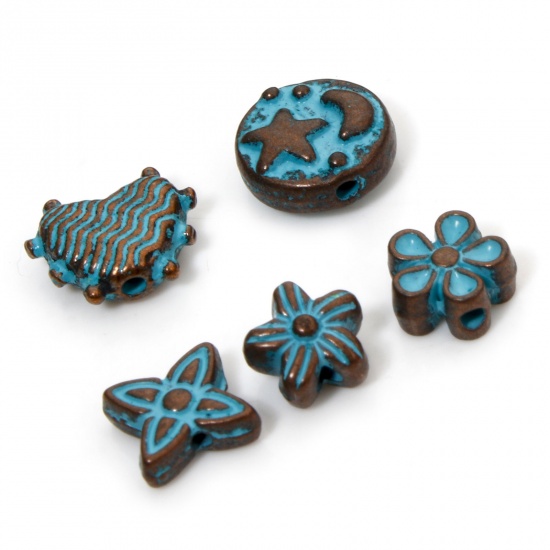 Picture of Zinc Based Alloy Patina Spacer Beads For DIY Jewelry Making Antique Copper Blue Half Moon Star