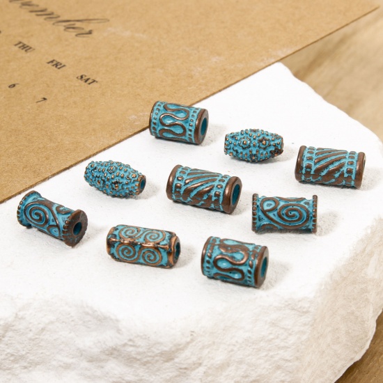 Picture of Zinc Based Alloy Patina Spacer Beads For DIY Jewelry Making Antique Copper Blue Cylinder Spiral