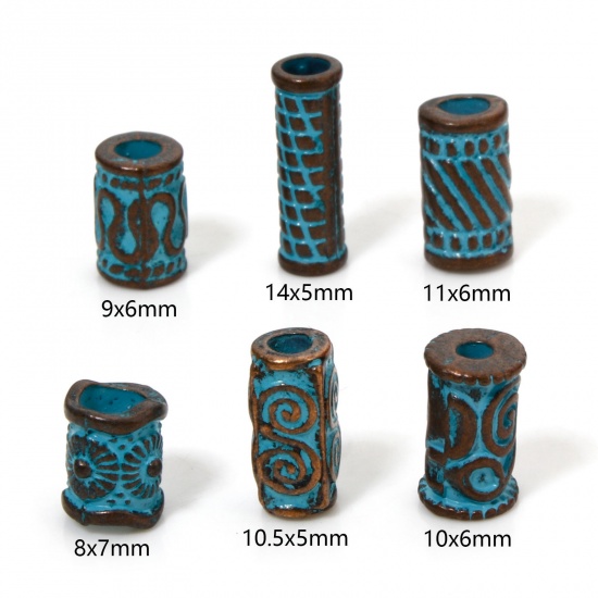 Picture of Zinc Based Alloy Patina Spacer Beads For DIY Jewelry Making Antique Copper Blue Cylinder Spiral