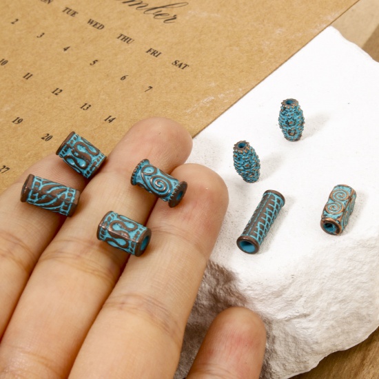 Picture of Zinc Based Alloy Patina Spacer Beads For DIY Jewelry Making Antique Copper Blue Cylinder Spiral