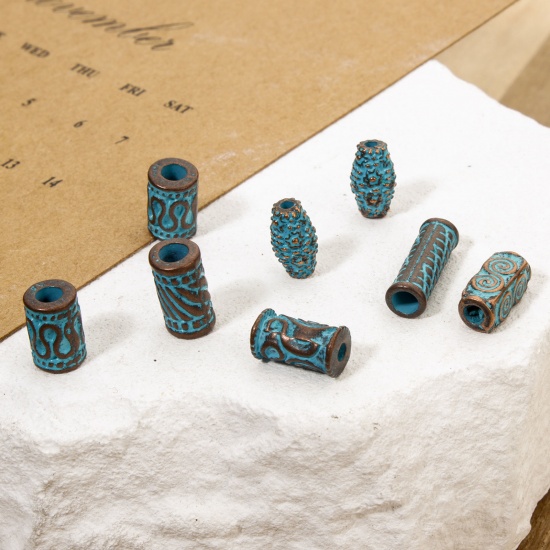 Picture of Zinc Based Alloy Patina Spacer Beads For DIY Jewelry Making Antique Copper Blue Cylinder Spiral