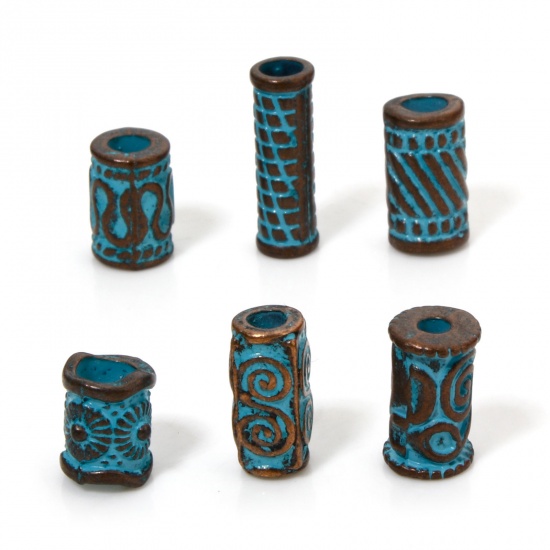 Picture of Zinc Based Alloy Patina Spacer Beads For DIY Jewelry Making Antique Copper Blue Cylinder Spiral