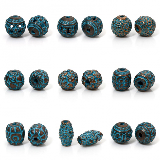 Picture of Zinc Based Alloy Patina Spacer Beads For DIY Jewelry Making Antique Copper Blue Round Carved Pattern