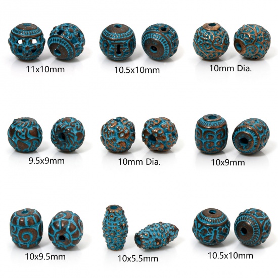 Picture of Zinc Based Alloy Patina Spacer Beads For DIY Jewelry Making Antique Copper Blue Round Carved Pattern