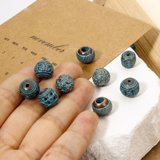 Picture of Zinc Based Alloy Patina Spacer Beads For DIY Jewelry Making Antique Copper Blue Round Carved Pattern