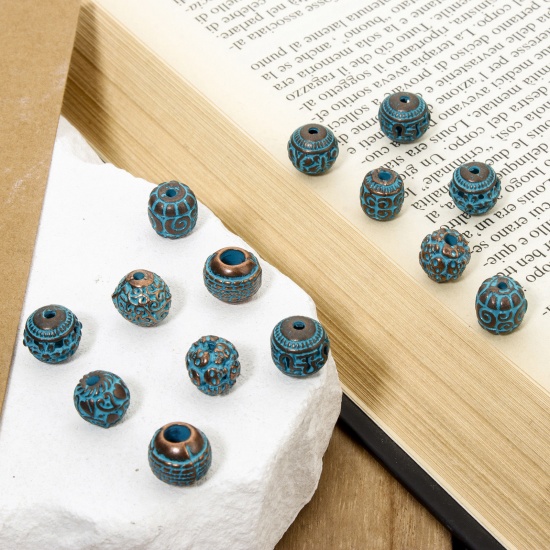 Picture of Zinc Based Alloy Patina Spacer Beads For DIY Jewelry Making Antique Copper Blue Round Carved Pattern