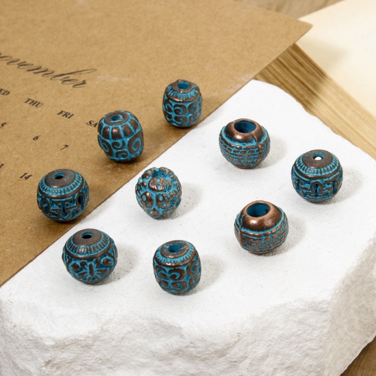 Picture of Zinc Based Alloy Patina Spacer Beads For DIY Jewelry Making Antique Copper Blue Round Carved Pattern