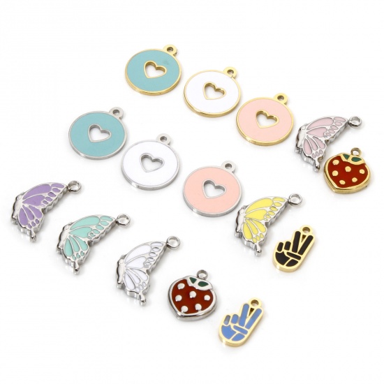 Picture of Eco-friendly Vacuum Plating 304 Stainless Steel Charmes Multicolor Butterfly Animal Heart Enamel