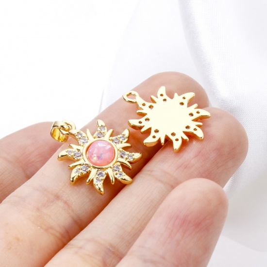 Picture of Brass Galaxy Charm Pendant 18K Gold Plated Sun Imitation Opal Clear Rhinestone 22mm x 15.5mm