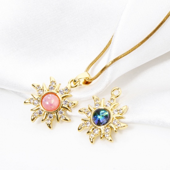 Picture of Brass Galaxy Charm Pendant 18K Gold Plated Sun Imitation Opal Clear Rhinestone 22mm x 15.5mm