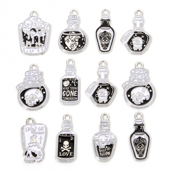 Picture of Zinc Based Alloy Halloween Charms Silver Tone Black & White Skull Enamel