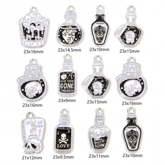 Picture of Zinc Based Alloy Halloween Charms Silver Tone Black & White Skull Enamel