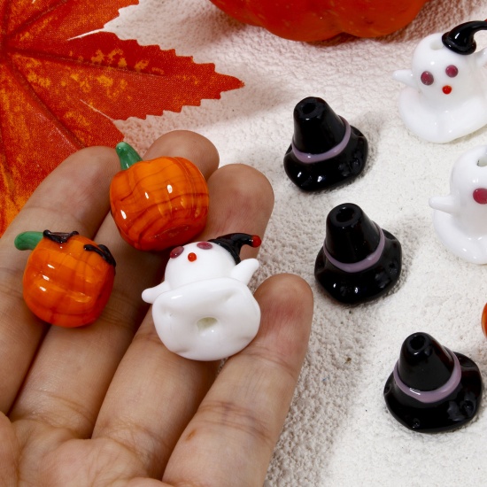 Immagine di 2 Pz Lampwork Vetro Perline per la Creazione di Gioielli con Fai-da-te Zucca Multicolore Halloween Fantasma Disegno 3D