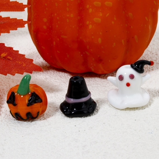 Immagine di 2 Pz Lampwork Vetro Perline per la Creazione di Gioielli con Fai-da-te Zucca Multicolore Halloween Fantasma Disegno 3D