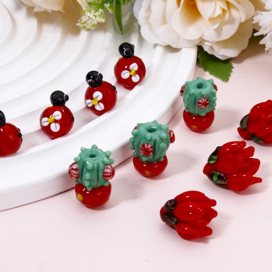 Imagen de 1 Unidad Colección Flora Cuentas Para Hacer Joyas De Bricolaje Vidrio Murano de Cactus , Multicolor , Mariquita 3D