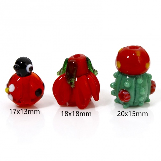 Immagine di 1 Pz Lampwork Vetro Lampwork Collezione Flora Perline per la Creazione di Gioielli con Fai-da-te Cactus Multicolore Coccinella Disegno 3D