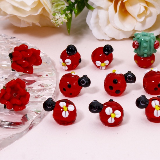 Immagine di 1 Pz Lampwork Vetro Lampwork Collezione Flora Perline per la Creazione di Gioielli con Fai-da-te Cactus Multicolore Coccinella Disegno 3D