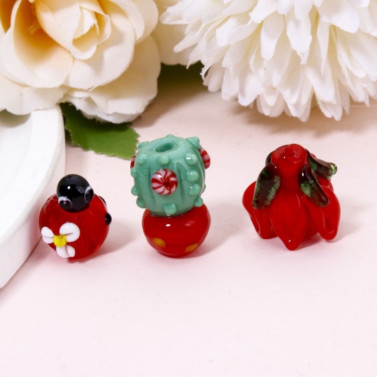 Immagine di 1 Pz Lampwork Vetro Lampwork Collezione Flora Perline per la Creazione di Gioielli con Fai-da-te Cactus Multicolore Coccinella Disegno 3D