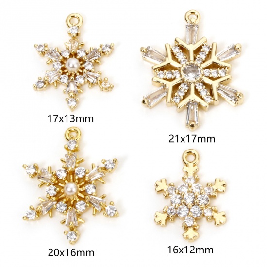 Picture of Brass Christmas Charms 18K Gold Plated Christmas Snowflake Clear Cubic Zirconia