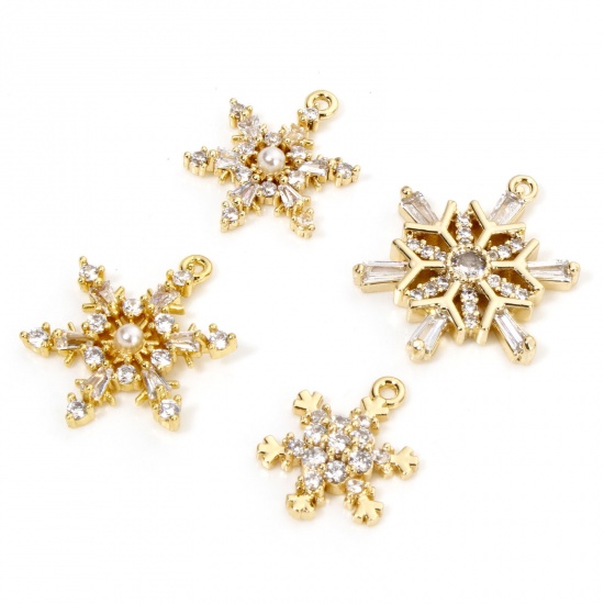 Picture of Brass Christmas Charms 18K Gold Plated Christmas Snowflake Clear Cubic Zirconia