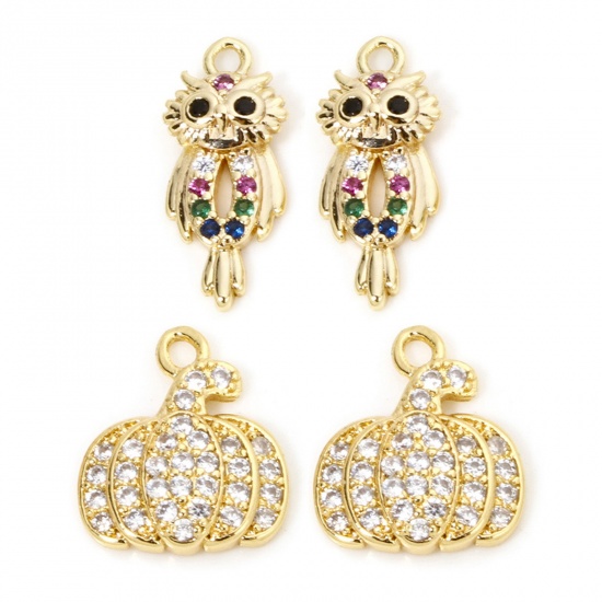 Picture of Brass Halloween Charms 18K Gold Plated Owl Animal Halloween Pumpkin