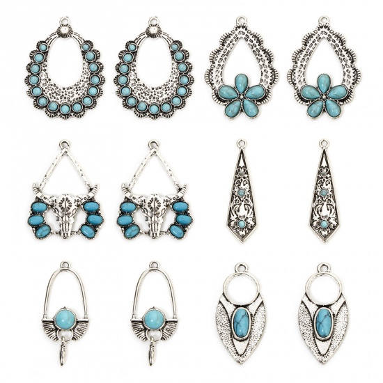 Picture of Zinc Based Alloy Boho Chic Bohemia Pendants Antique Silver Color With Resin Cabochons Imitation Turquoise