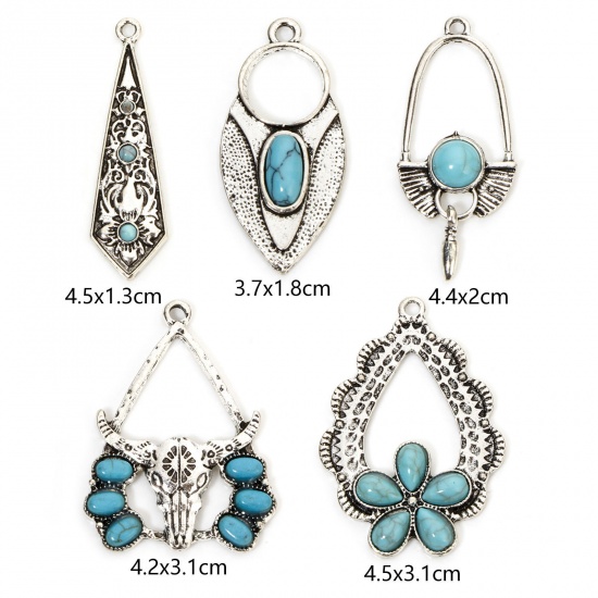 Picture of Zinc Based Alloy Boho Chic Bohemia Pendants Antique Silver Color With Resin Cabochons Imitation Turquoise