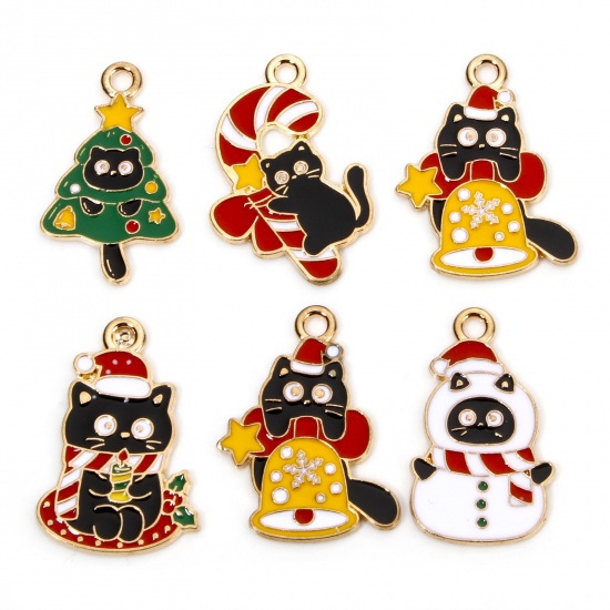 Picture of Zinc Based Alloy Christmas Charms Gold Plated Multicolor Cat Animal Enamel