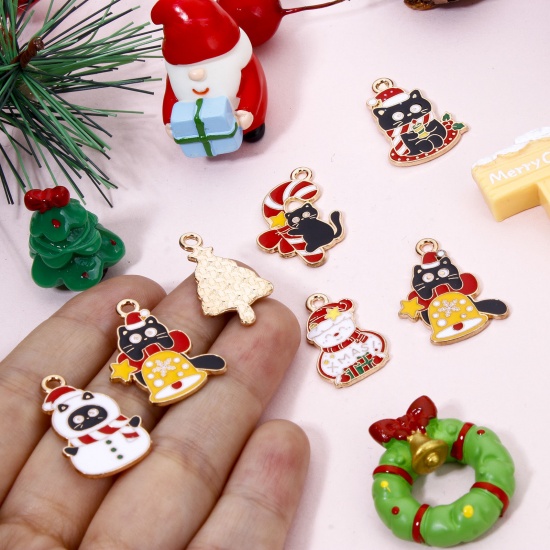 Picture of Zinc Based Alloy Christmas Charms Gold Plated Multicolor Cat Animal Enamel