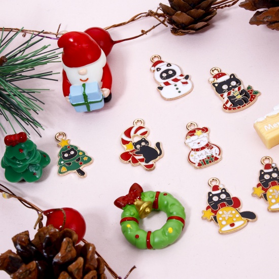 Picture of Zinc Based Alloy Christmas Charms Gold Plated Multicolor Cat Animal Enamel